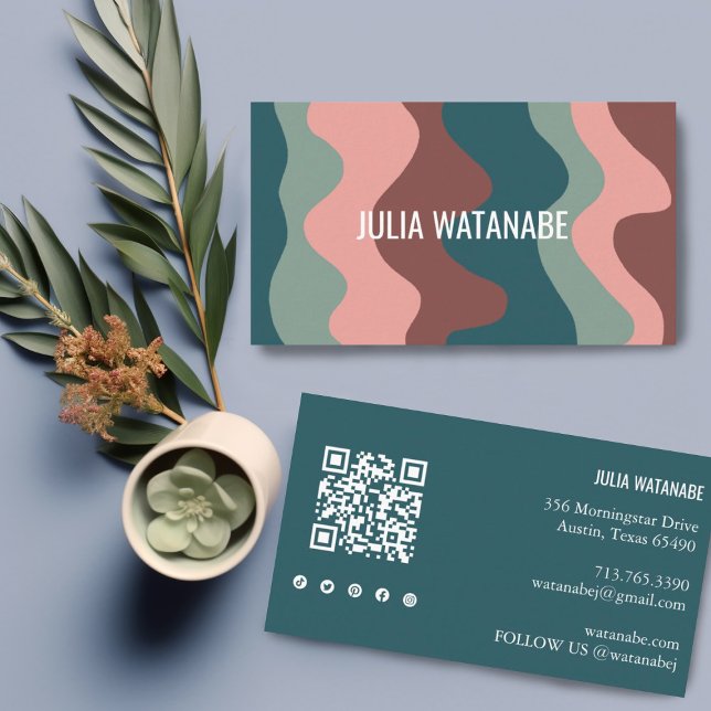 Colourful Waves Stripes QR Code Social Media Chic  Business Card (Pink & green waves decorate this custom card. Add your details, edit social icons & QR code)