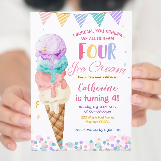 Colourful We Scream Four Ice Cream Fourth Birthday Invitation (Creator Uploaded)