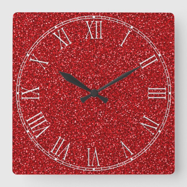Colourful Wedding Anniversary Red Glitter Texture Square Wall Clock (Front)