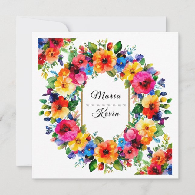 Colourful Wedding Floral Wreath Invitation (Front)