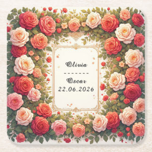 Colourful Wedding Floral Wreath Square Paper Coaster