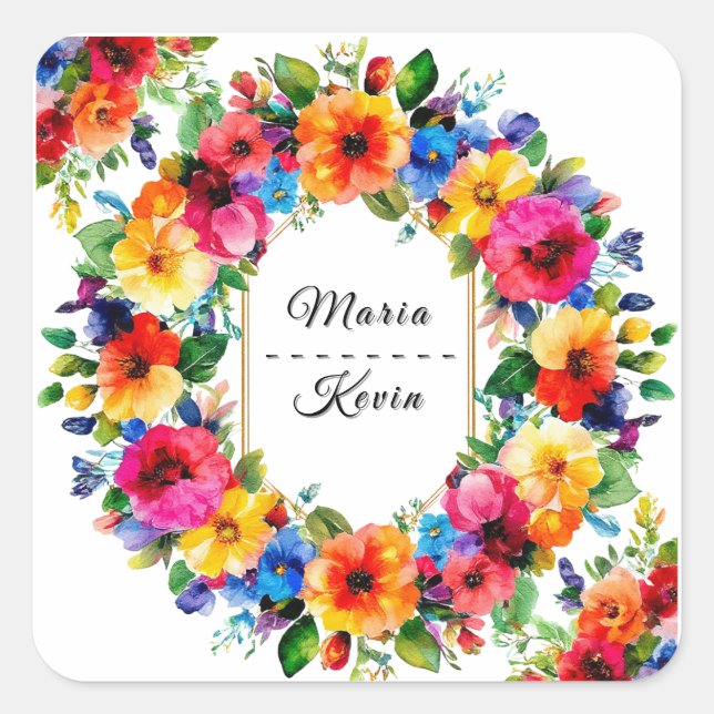 Colourful Wedding Floral Wreath Square Sticker (Front)