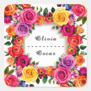 Colourful Wedding Floral Wreath Square Sticker