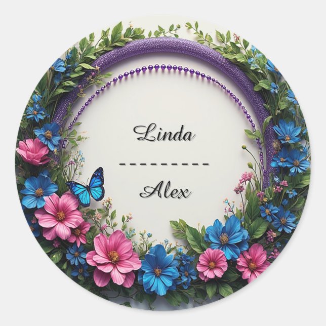 Colourful Wedding Floral Wreath with Butterflies Classic Round Sticker (Front)