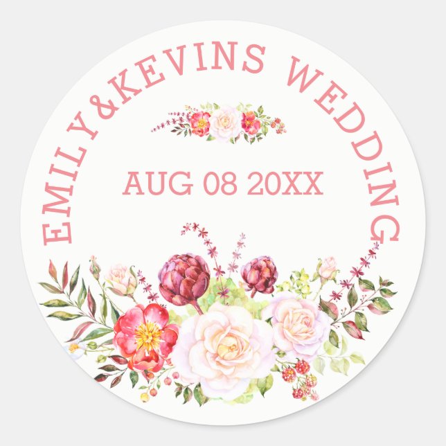 Colourful Wedding Flowers Bouquet & Text Classic Round Sticker (Front)
