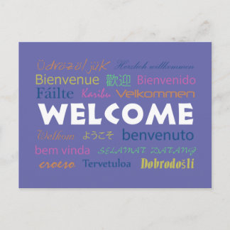 Colourful Welcome in Many Languages Perwinkle Blue Postcard
