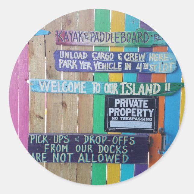 Colourful Welcome Island sign Carribean Classic Round Sticker (Front)
