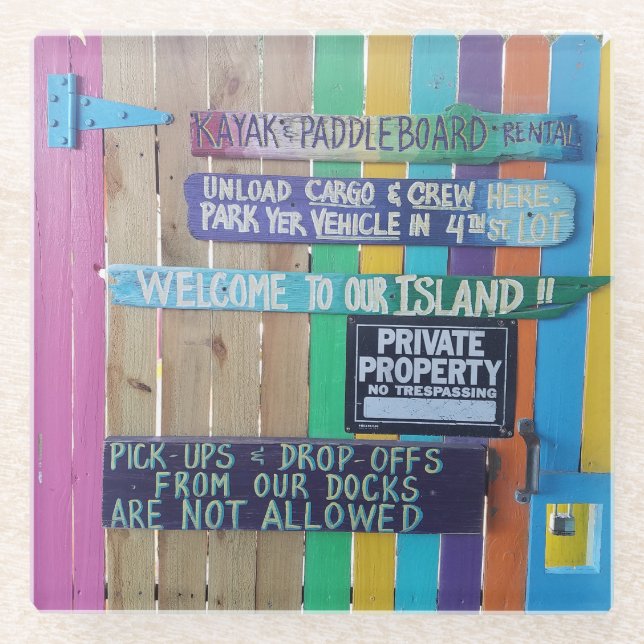 Colourful Welcome Island sign Carribean Glass Coaster (Front)