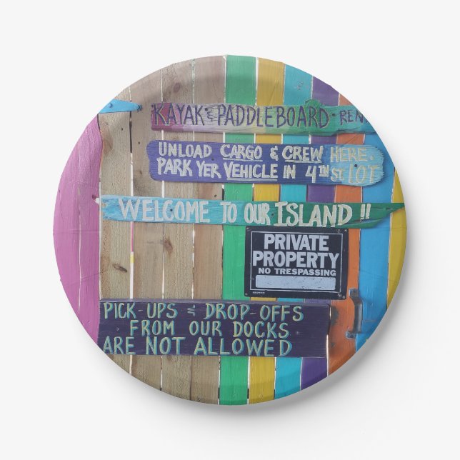 Colourful Welcome Island sign Carribean Paper Plate (Front)