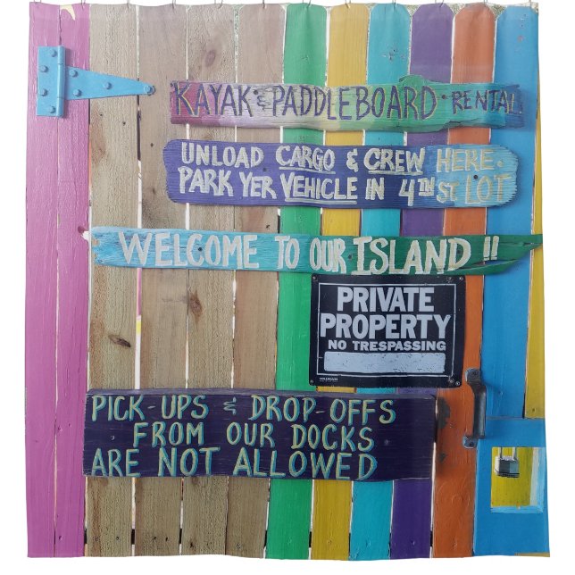 Colourful Welcome Island sign Carribean Shower Curtain (Front)