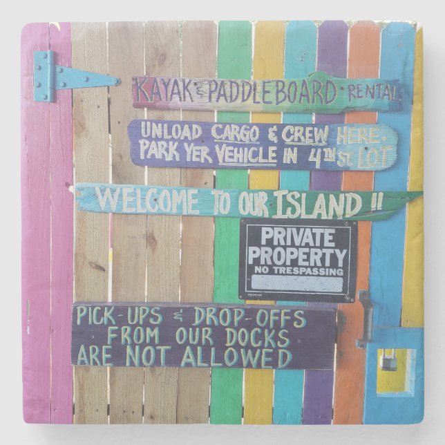 Colourful Welcome Island sign Carribean Stone Coaster (Front)