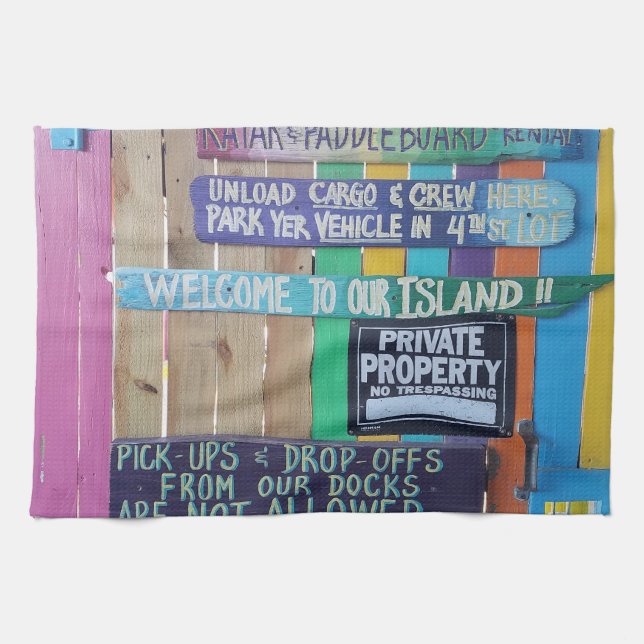 Colourful Welcome Island sign Carribean Tea Towel (Horizontal)