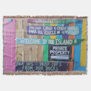 Colourful Welcome Island sign Carribean Throw Blanket