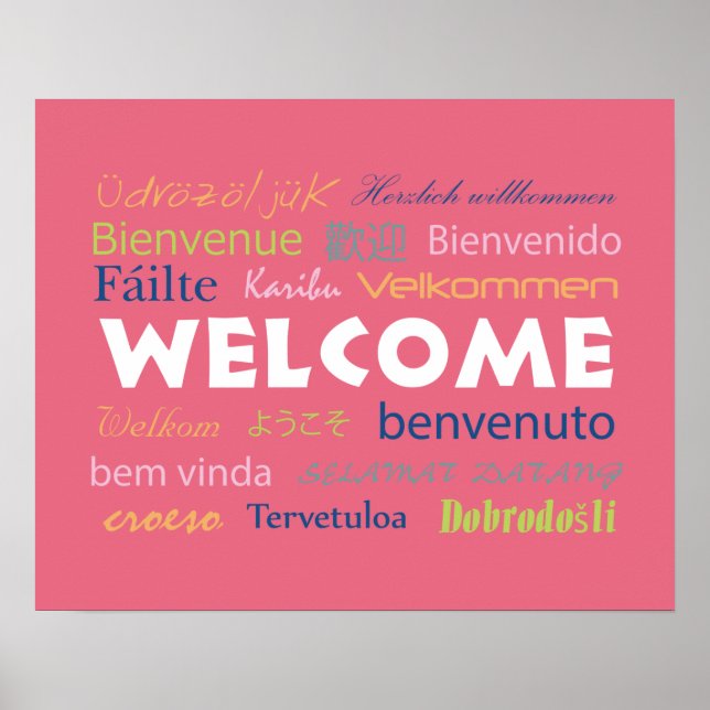 Colourful Welcome Many Languages Modern Pink Poste Poster (Front)