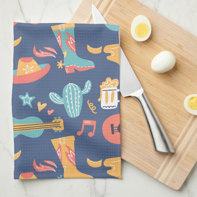 Colourful Western Images on Blue Tea Towel (Quarter Fold)