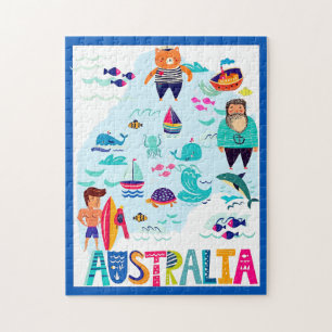 Colourful Whimsical Australia Travel Poster Jigsaw Puzzle