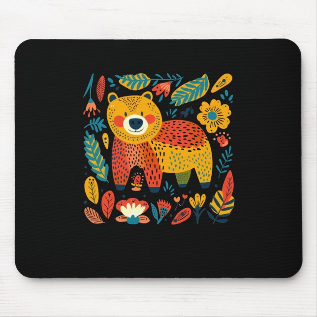 Colourful Whimsical Bear And Floral Pattern Illust Mouse Mat (Front)