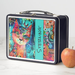 Colourful Whimsical Cat Kid's Name Metal Lunch Box