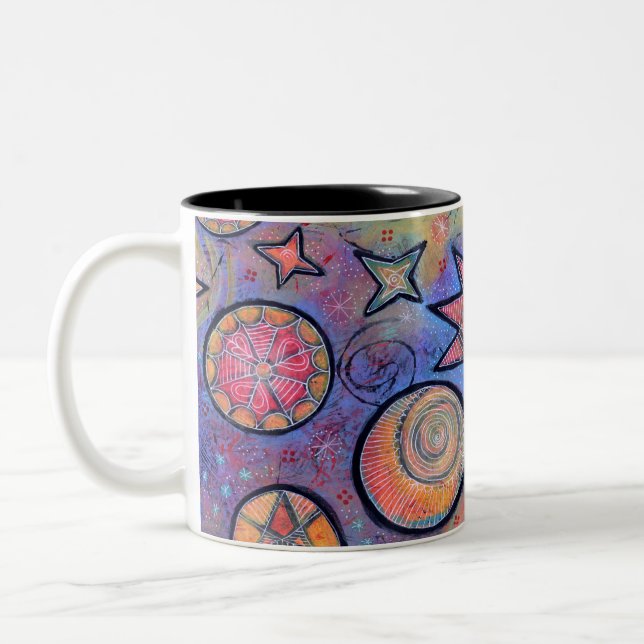 Colourful, Whimsical Celestial Cosmos Design Two-Tone Coffee Mug (Left)