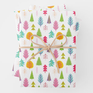 Colourful Whimsical Christmas Trees Wrapping Paper Sheet