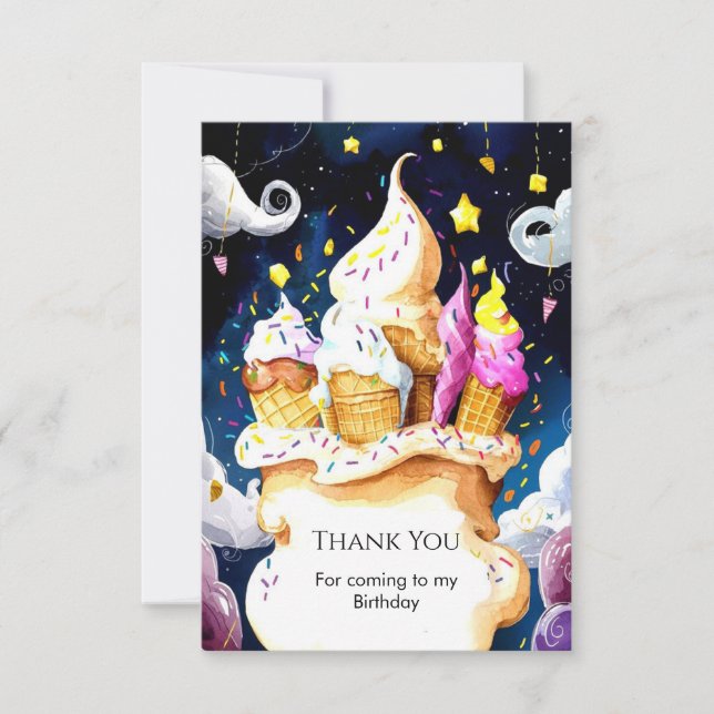 Colourful Whimsical Cone Ice Cream Birthday Thank You Card (Front)