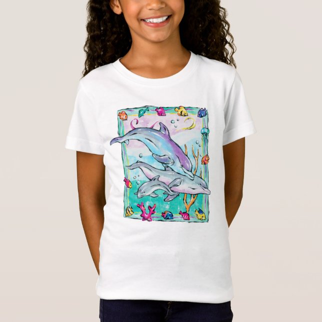 Colourful, whimsical dolphins t-shirt (Front)