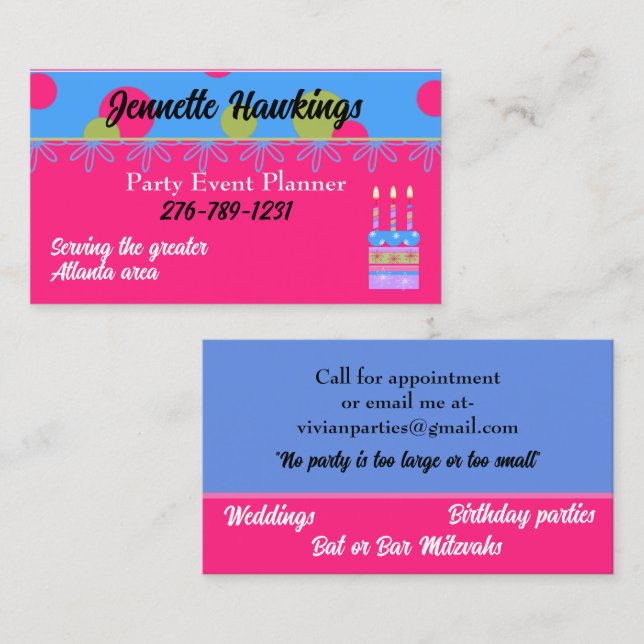 Colourful whimsical Event Planner Business Card (Front/Back)