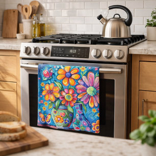 Colourful Whimsical Floral Folk Art Tea Towel