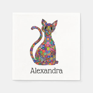 Colourful Whimsical Flower Mosaic Cat Monogram Napkin