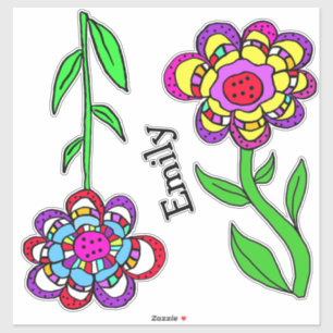 Colourful Whimsical Flowers and Name  Sticker