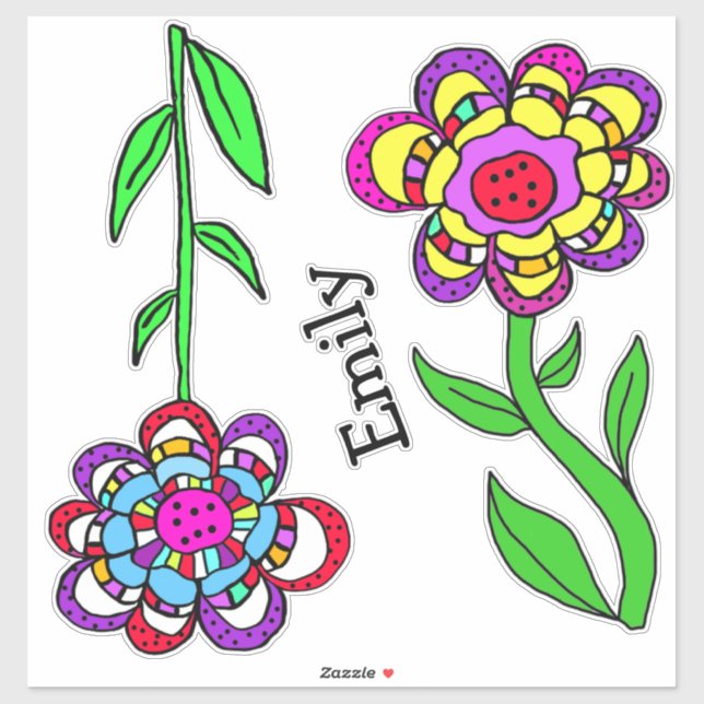 Colourful Whimsical Flowers and Name  Sticker (Sheet)