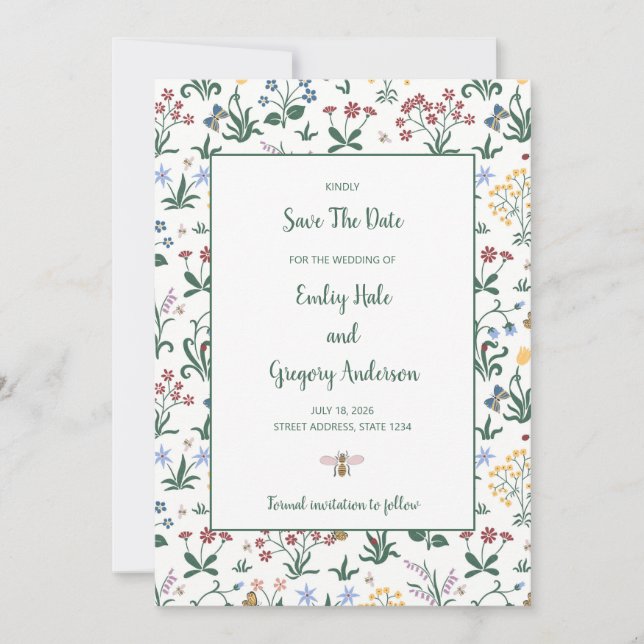 Colourful Whimsical Flowers Wedding Save The Date (Front)