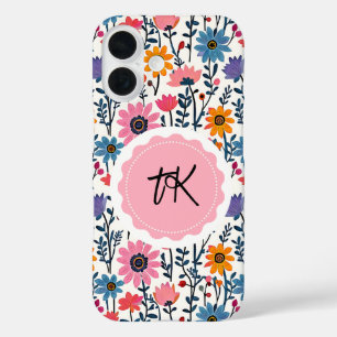 Colourful Whimsical Folk Art Floral Monogrammed iPhone 16 Case