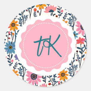 Colourful Whimsical Folk Art Floral Monogrammed Classic Round Sticker