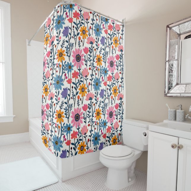 Colourful Whimsical Folk Art Floral Shower Curtain (In Situ)