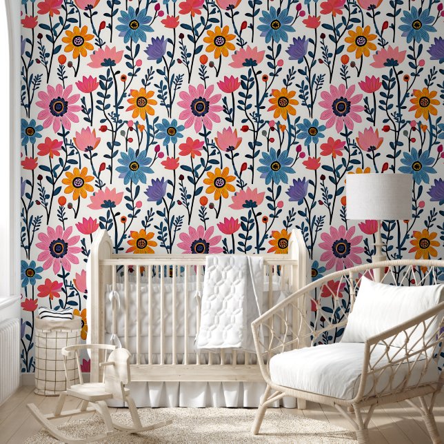 Colourful Whimsical Folk Art Floral Wallpaper (Kids)