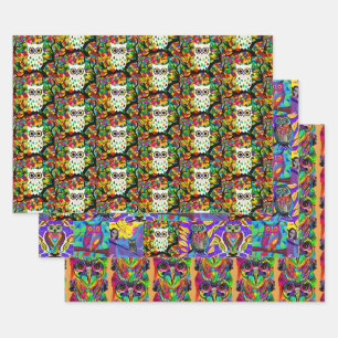 Colourful Whimsical Folk Art Owls Birthday Wrapping Paper Sheet