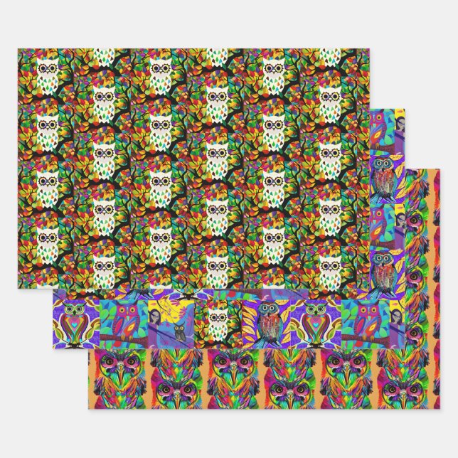 Colourful Whimsical Folk Art Owls Birthday Wrapping Paper Sheet (Set)