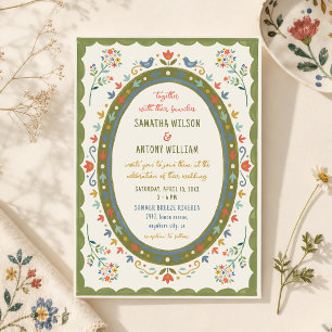 Colourful Whimsical Folk Floral Birds Wedding Invitation