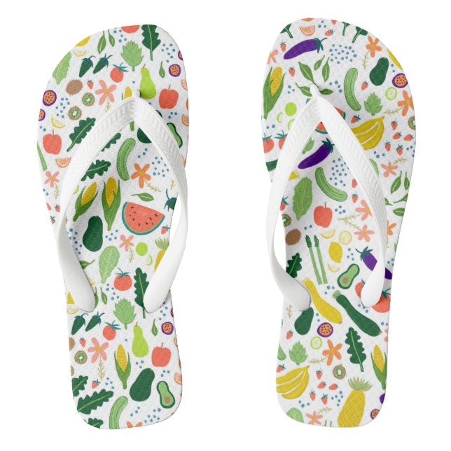 Colourful Whimsical Fruits & Veggies Pattern  Flip Flops (Footbed)