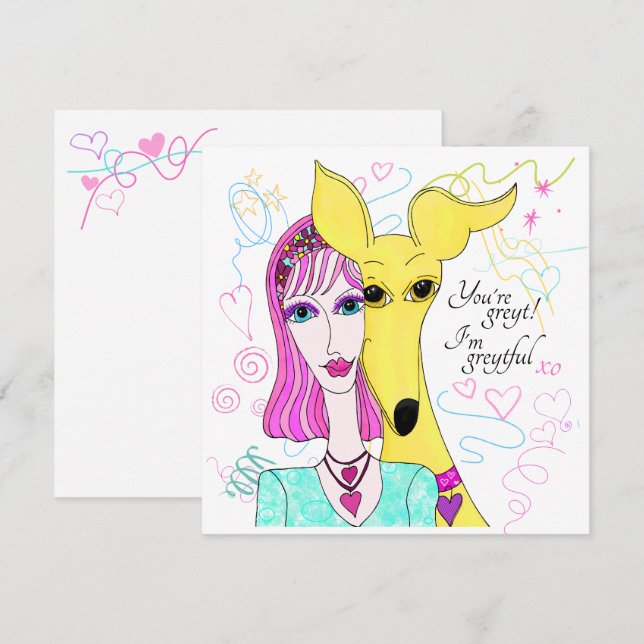 Colourful Whimsical Greyhound Dog and Lady Thank You Card (Front/Back)
