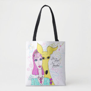 Colourful Whimsical Greyhound Dog and Lady Tote Bag
