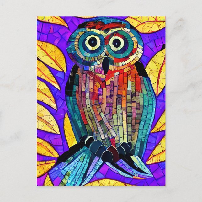 Colourful Whimsical Mosaic Owl Art Postcard (Front)