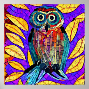 Colourful Whimsical Mosaic Owl Art Poster