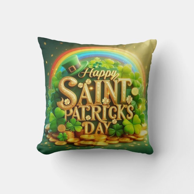 Colourful, whimsical Rainbow Saint Patrick's Day Cushion (Front)