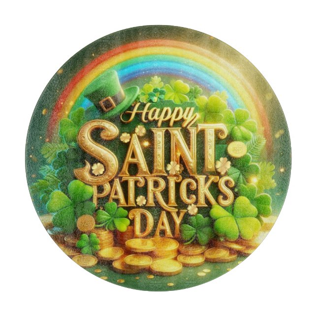 Colourful, whimsical Rainbow Saint Patrick's Day Cutting Board (Front)
