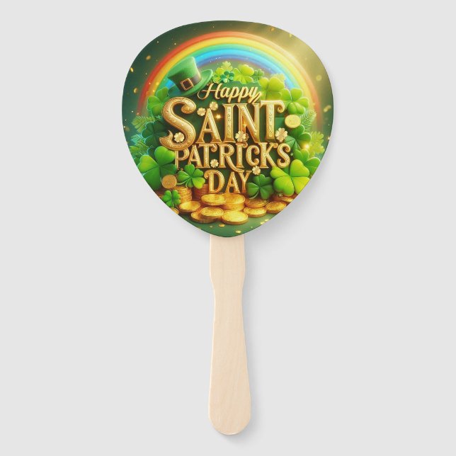 Colourful, whimsical Rainbow Saint Patrick's Day Hand Fan (Front)