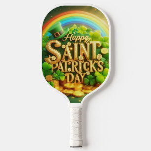 Colourful, whimsical Rainbow Saint Patrick's Day Pickleball Paddle
