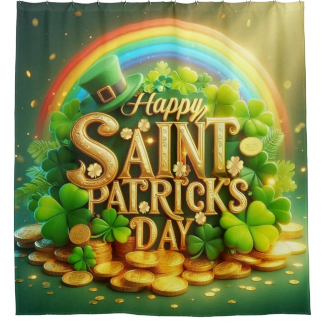 Colourful, whimsical Rainbow Saint Patrick's Day Shower Curtain (Front)