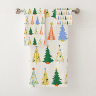Colourful Whimsical Retro Christmas Trees Pattern Bath Towel Set